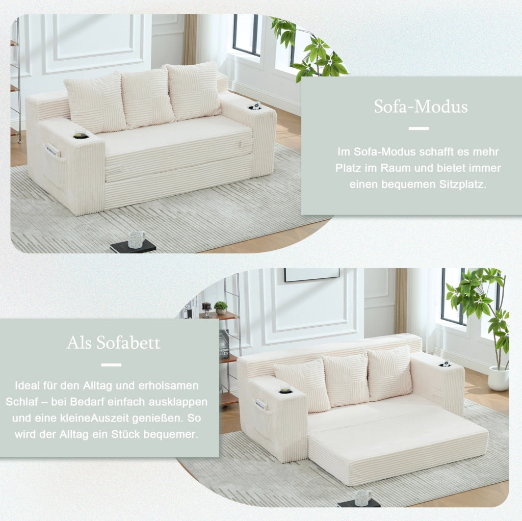 Divano modulare beige in velluto a coste con portabicchieri
