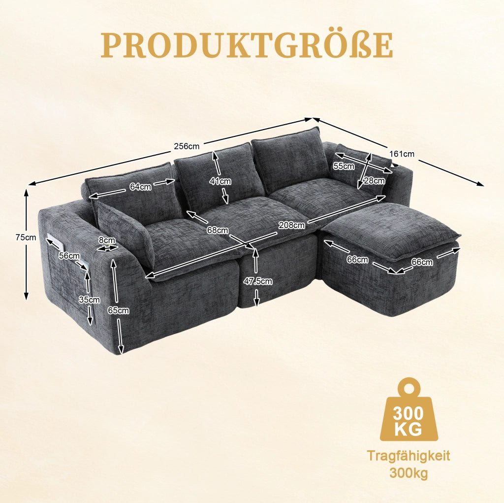 Divano modulare in ciniglia grigio scuro con pouf e cuscini