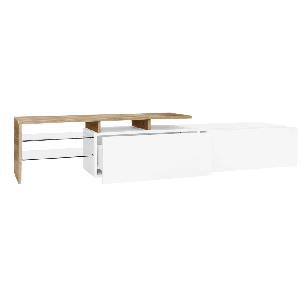 Mobile TV 170 x 33 x 33,5 cm bianco e legno, ripiani in vetro, LED