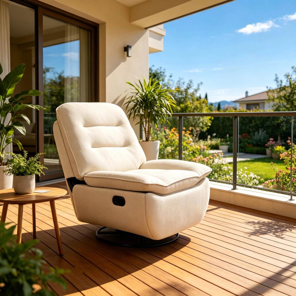 Poltrona relax girevole beige con dondolo, poggiapiedi e vano laterale