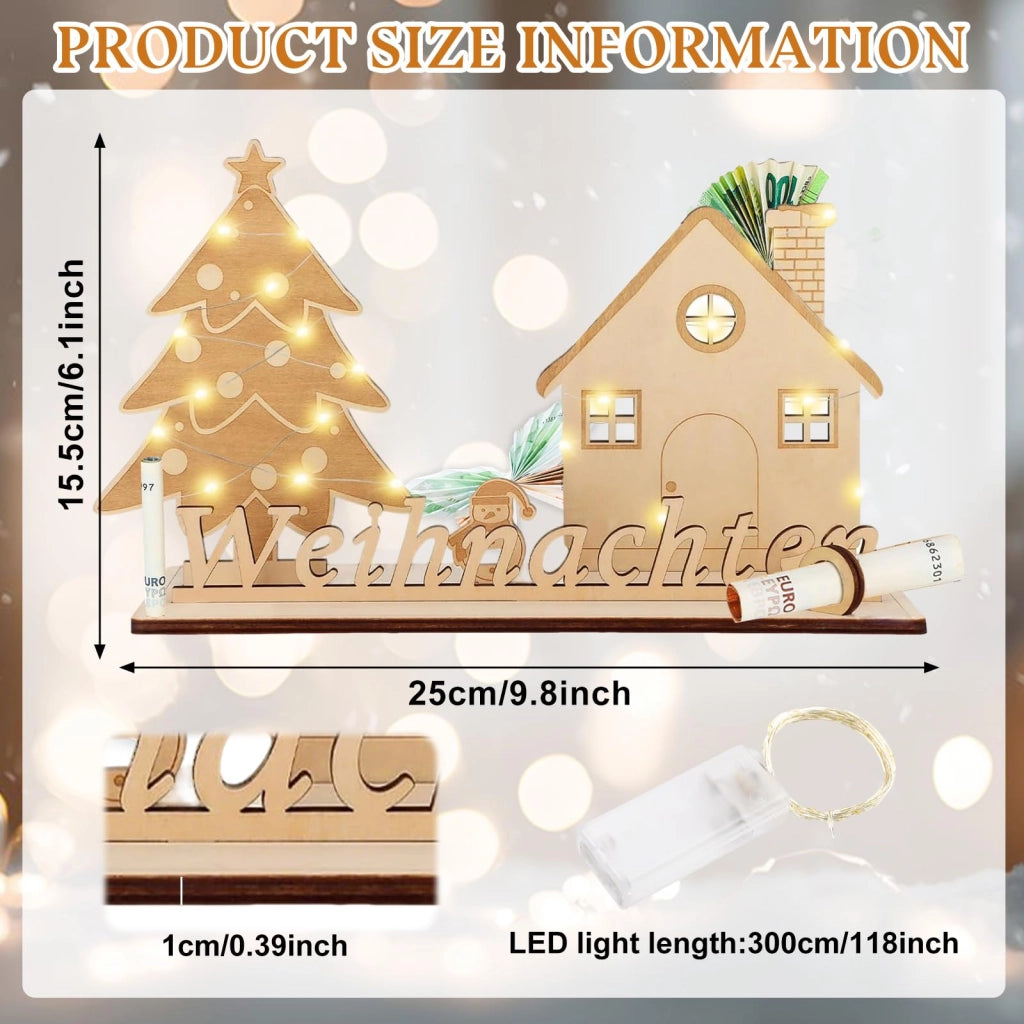 Regalo a tema natalizio con denaro, corredato da una catena di luci LED da 3 metri, confezionato in una scatola di legno
