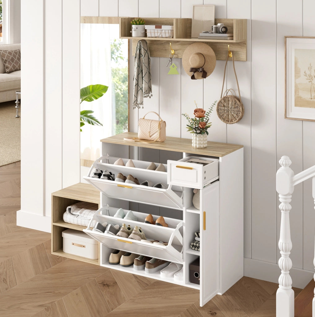 Set ingresso 4 pezzi con scarpiera, panca e specchio, bianco e naturale