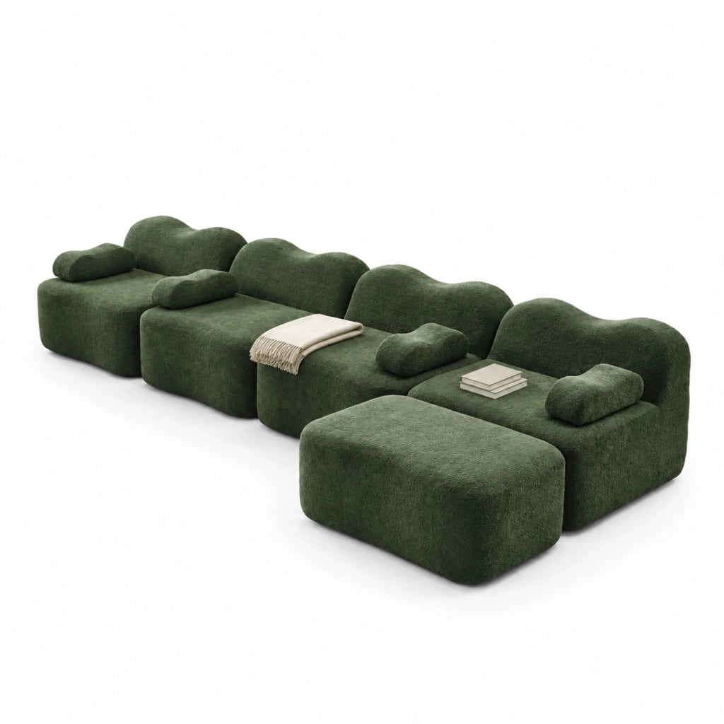 Divano angolare modulare verde in velluto con pouf