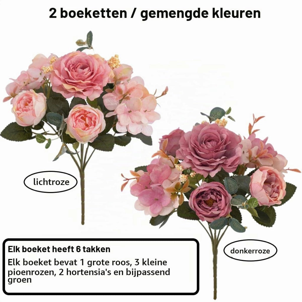 Composizione floreale artificiale, set da 2, con peonie di seta rosa e ortensie, altezza 29 cm