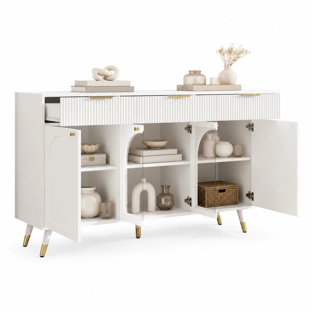 Credenza bianca 140 cm con 4 ante acriliche e 3 cassetti