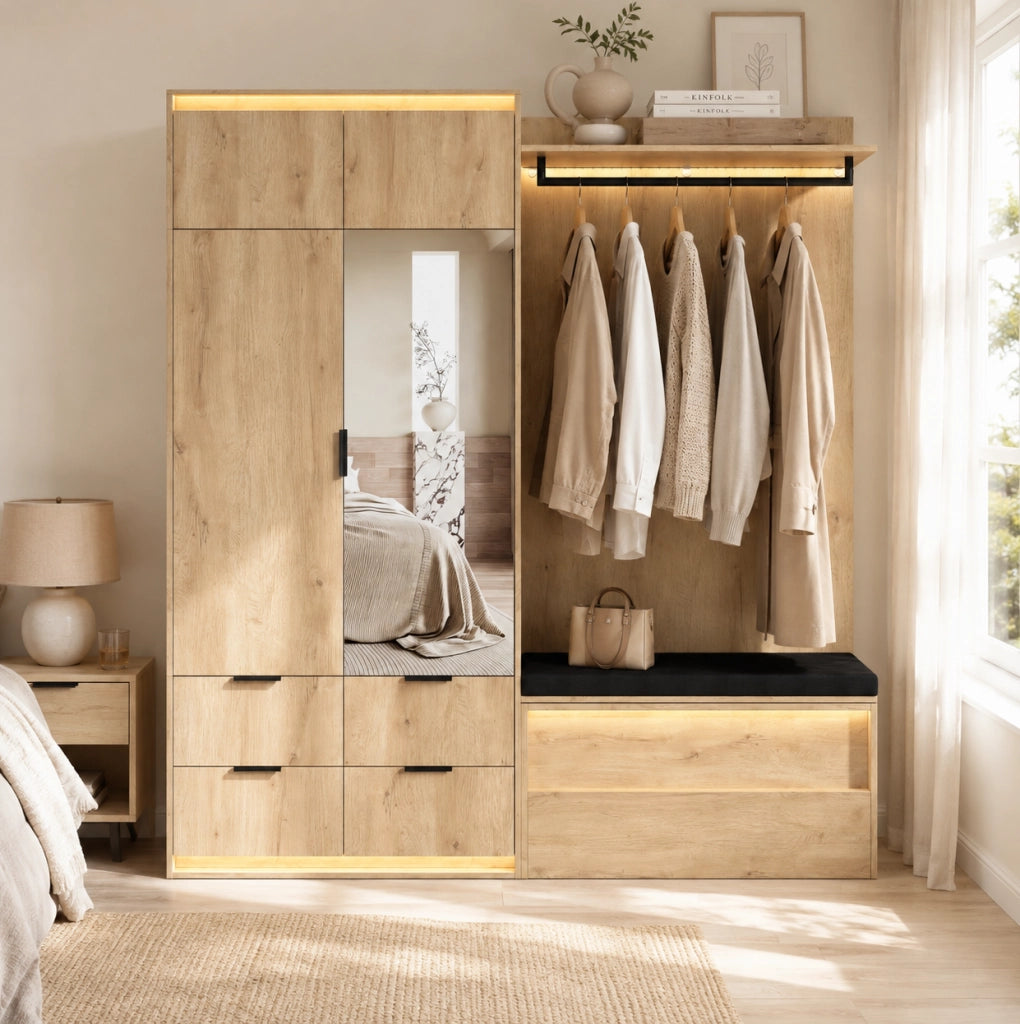 Mobile ingresso in MDF con specchio, panca e LED, 180 x 47 x 200 cm