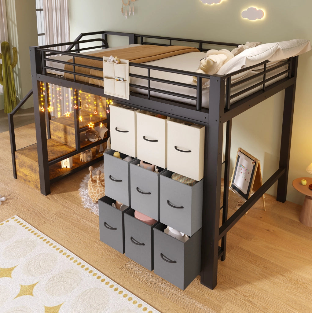 Letto a soppalco 140x200 cm in metallo e MDF con contenitori