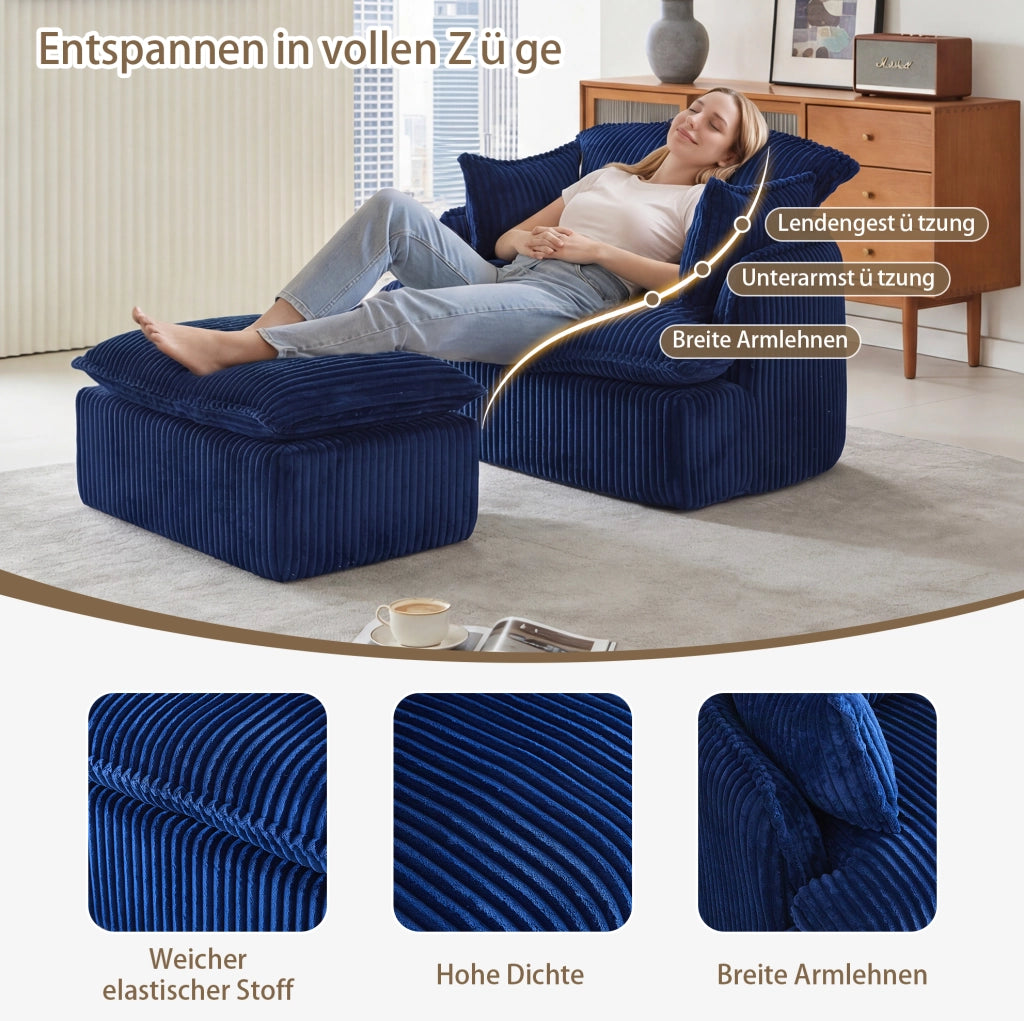 POLTRONA compressa con pouf, 115x89x77 cm, rivestimento blu