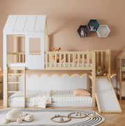Letto a castello per bambini 90x200 cm con scivolo, scala e tetto in pino naturale e bianco per cameretta, senza materasso