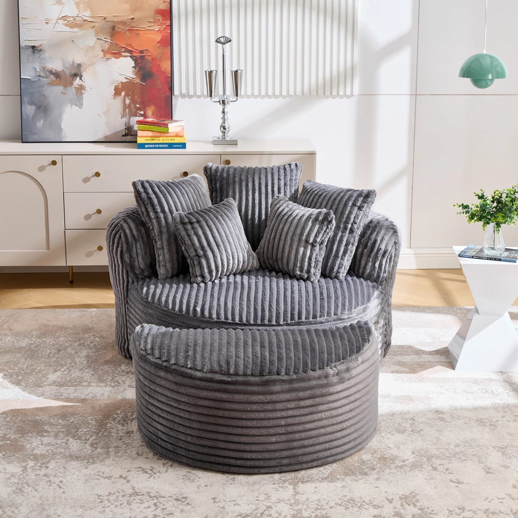 Poltrona lounge rotonda con poggiapiedi in ciniglia grigio scuro