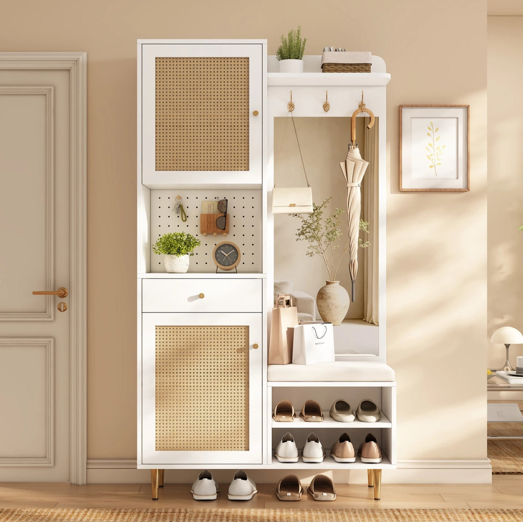Mobile ingresso con panca, specchio e scarpiera, 99x35x180 cm