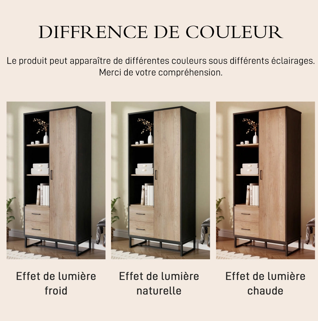 Mobile alto 80x40x180 cm con anta; 2 cassetti e 3 vani in MDF; nero e legno