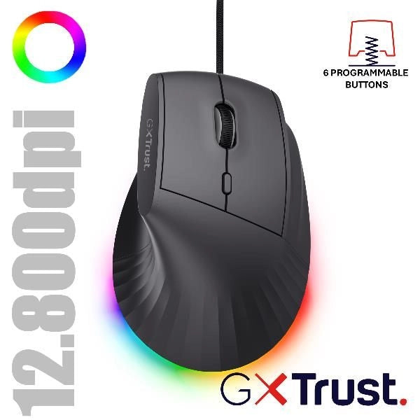 TRUST MOUSE ERGONOMICO VERTICALE CABLATO 1,7M RGB 12.800 DPI - 6 TASTI PROGRAMMABILI - GXT 145 REXXA