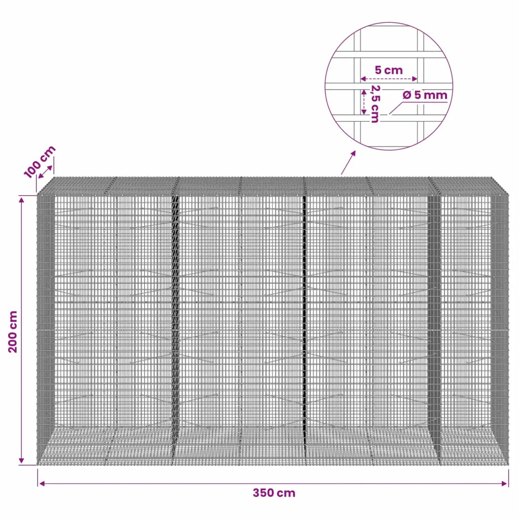 Gabione con Filo da 5 mm e Rete da 5x2,5 cm 350x100x200 cm 3463921
