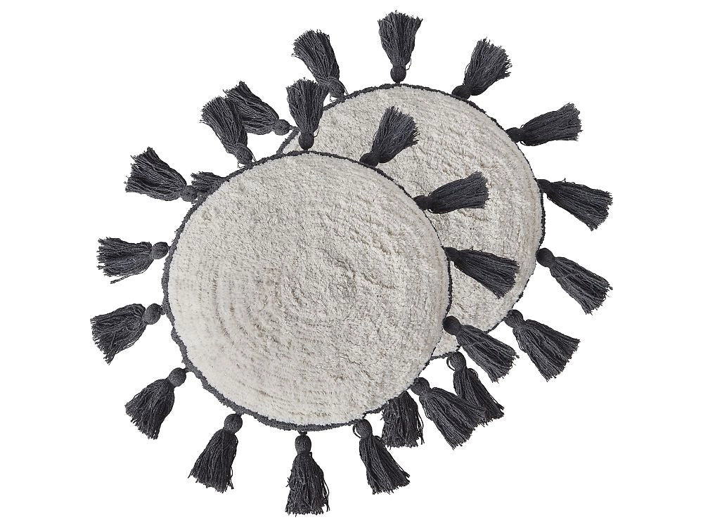 2 cuscini decorativi in cotone bianco sporco ⌀ 40 cm con frange grigio scuro
