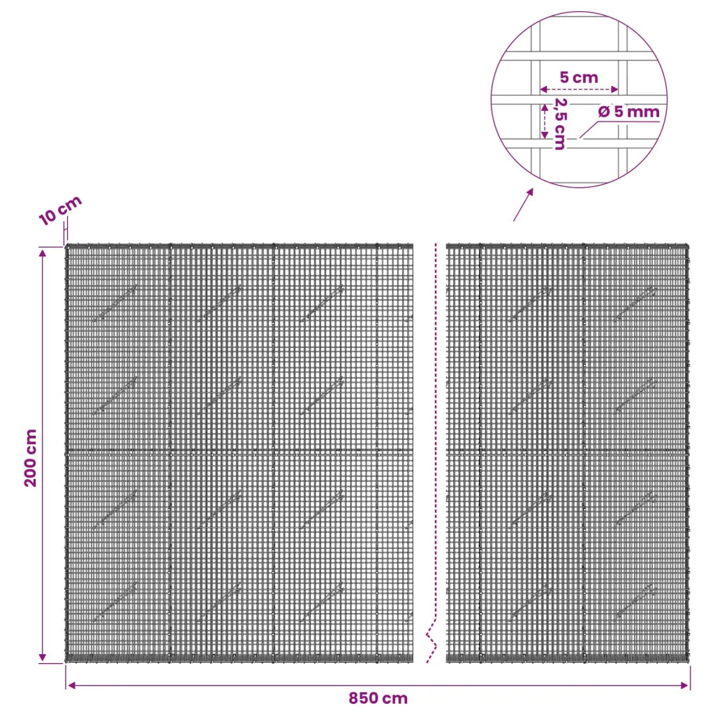 Gabione con Filo da 5 mm e Rete da 5x2,5 cm 850x10x200 cm 3463547