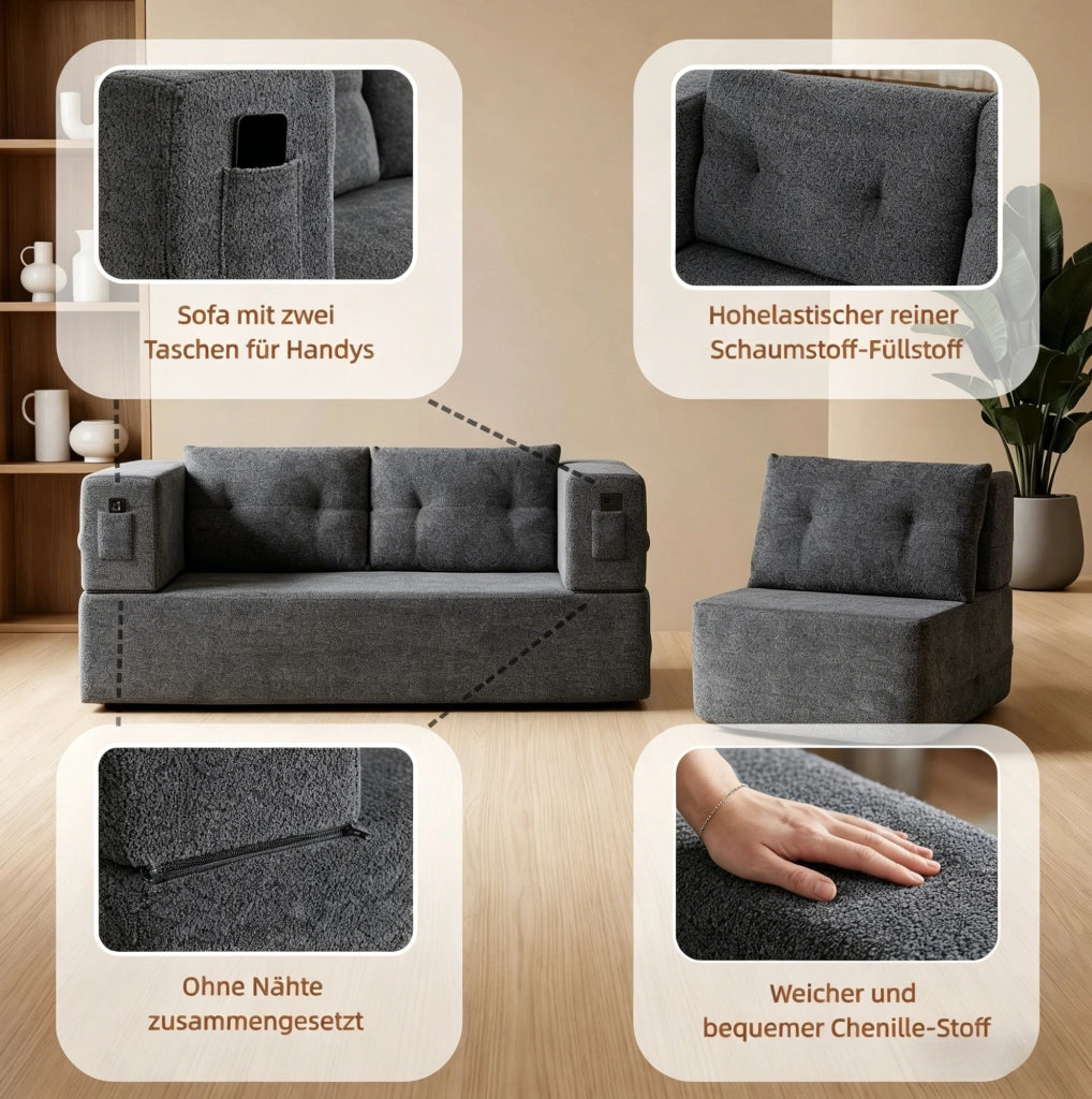 Divano letto modulare 2 posti con poltrona in memory foam grigio scuro