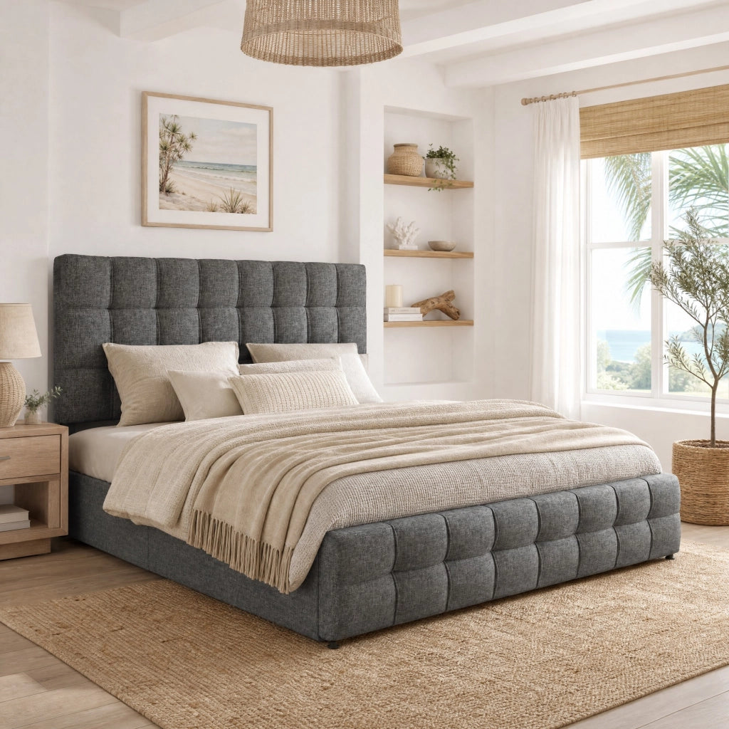 Letto imbottito matrimoniale 140x200 cm con 4 cassetti, testiera regolabile, grigio