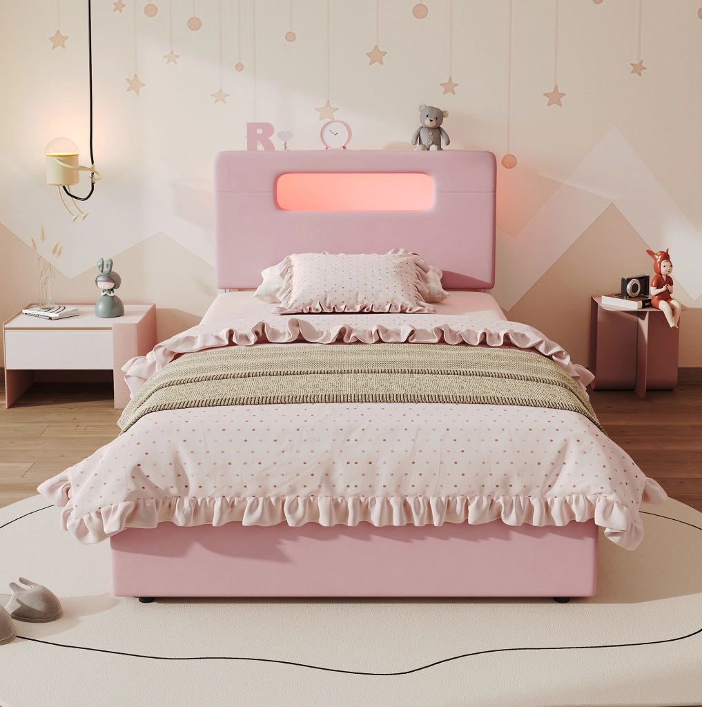 Letto singolo imbottito rosa 90 x 200 cm con 4 cassetti e LED
