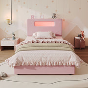Letto singolo imbottito rosa 90 x 200 cm con 4 cassetti e LED