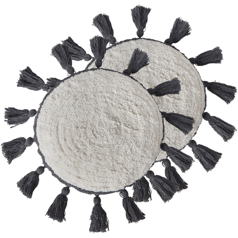 2 cuscini decorativi in cotone bianco sporco ⌀ 40 cm con frange grigio scuro