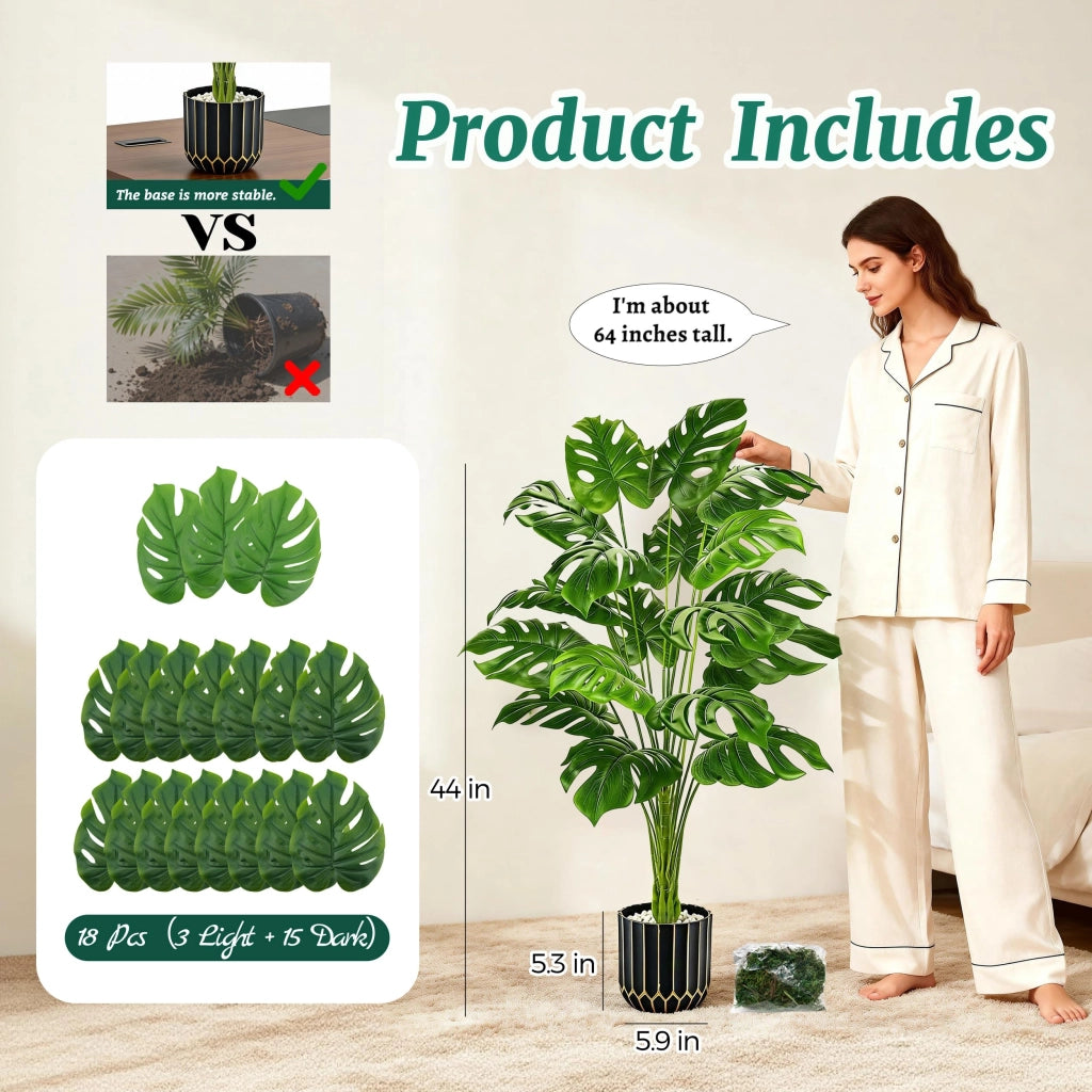 Pianta artificiale Monstera, altezza 112 cm, realizzata in plastica, con vaso nero e dorato