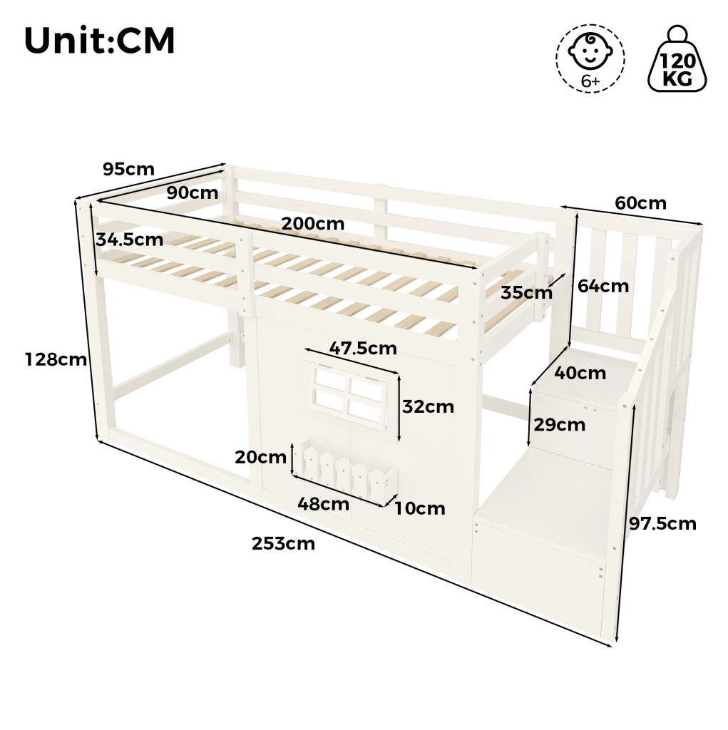 Letto a soppalco 90x200 cm con scala contenitore e LED