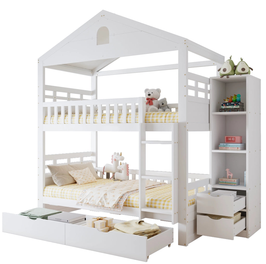 Letto a castello a casetta 90x200 cm bianco con cassetti