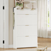 Scarpiera slim bianca con 3 vani a ribalta e 2 cassetti, 80 × 25 × 135 cm