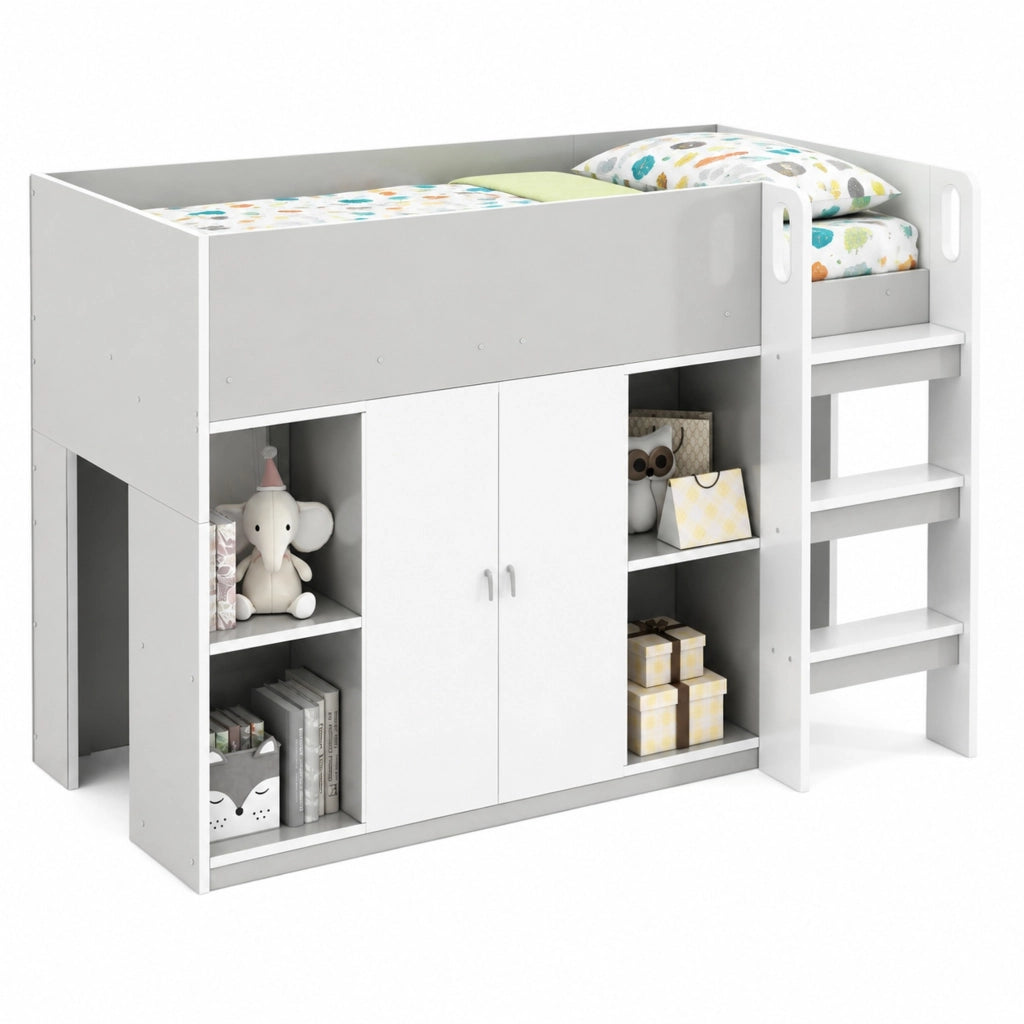 Letti a soppalco per bambini 90x200 cm con scala, armadio e rete a doghe in legno grigio e bianco per cameretta, senza materasso