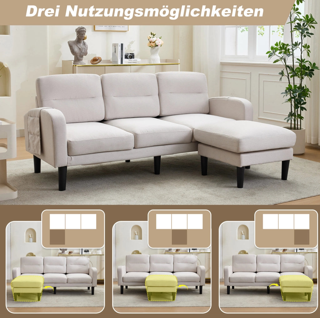 Divano angolare modulare 3 posti con chaise longue e tasche laterali; beige