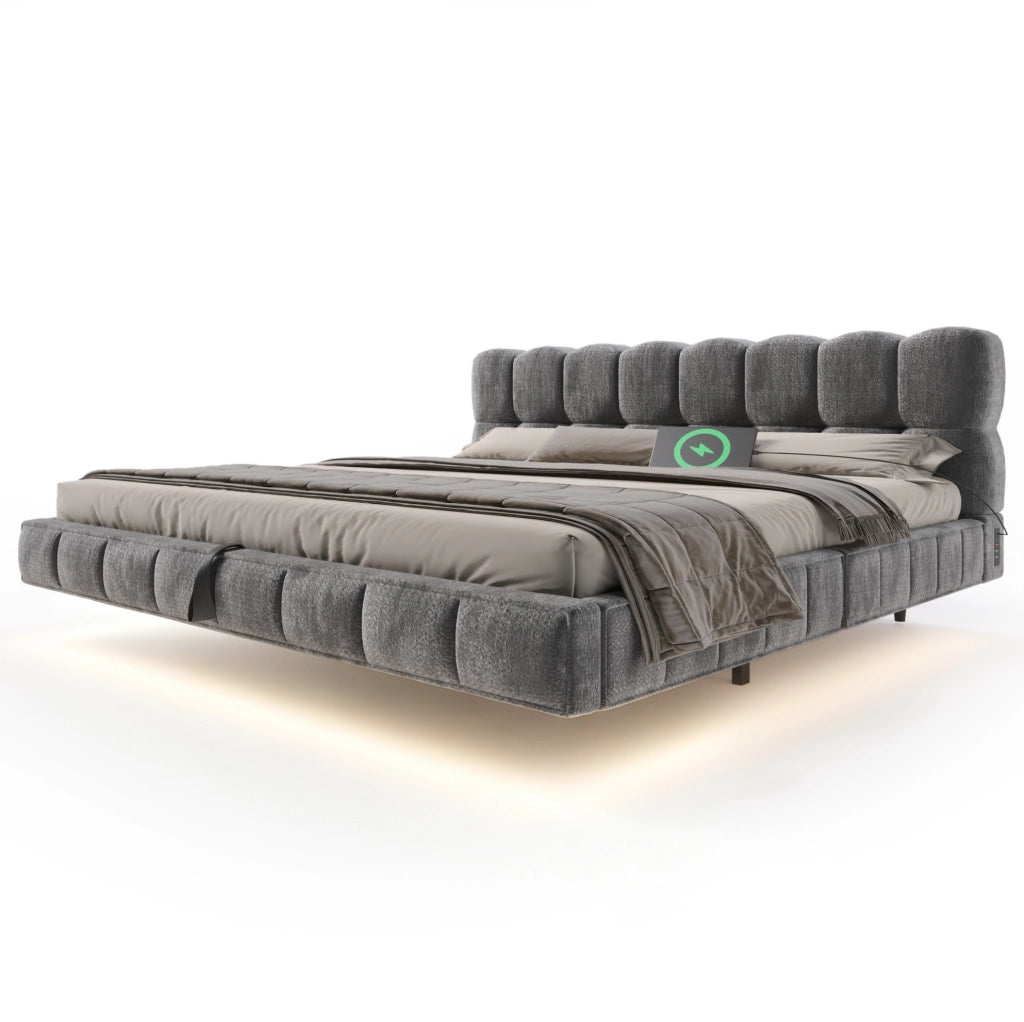 Letto matrimoniale contenitore 180x200 cm in ciniglia grigio con LED e USB