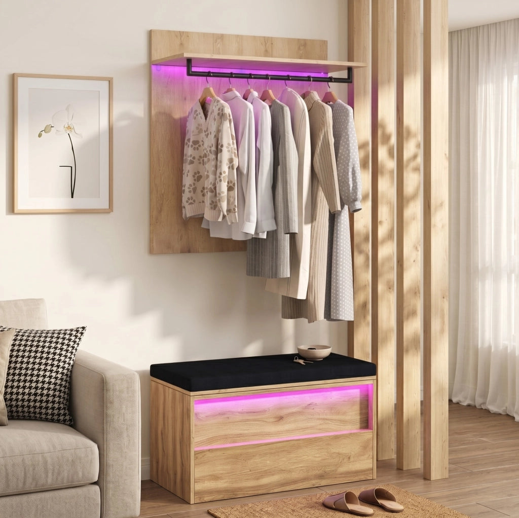 Set ingresso con appendiabiti a parete e panca scarpiera, rovere