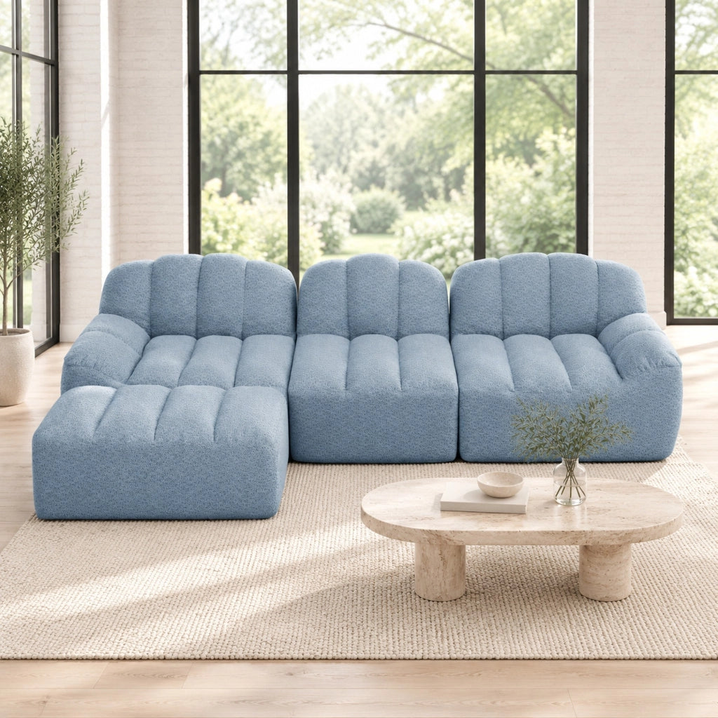 DIVANO angolare modulare 3 posti con pouf 288x165x79 cm in pile granulato blu