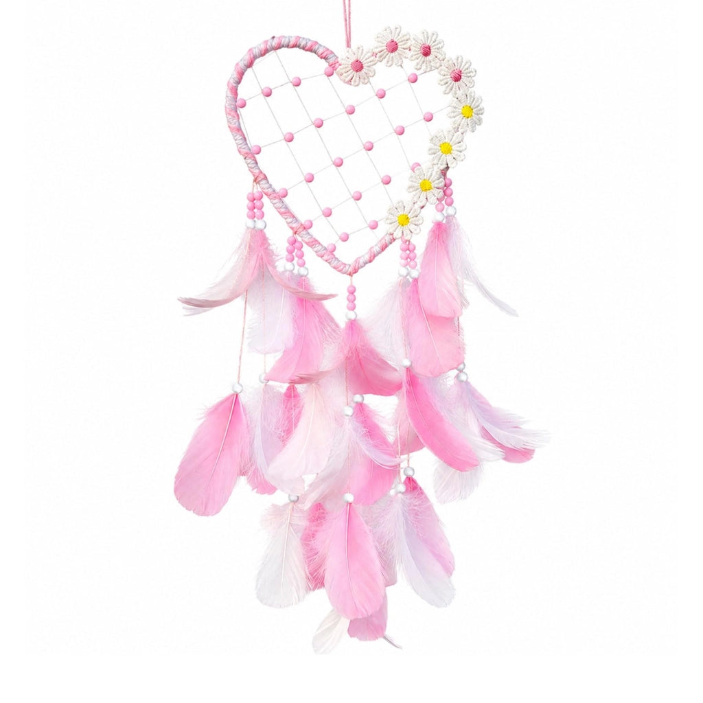 Cattura sogni a forma di cuore, decorata con margherite e piume, 15 cm, rosa