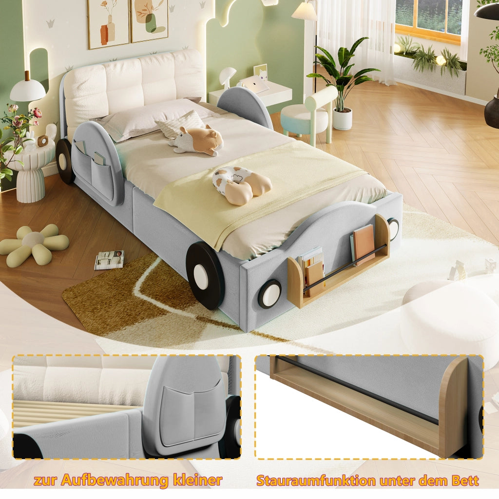 Letto contenitore 90 × 200 cm con sollevamento idraulico tasche laterali e ripiano per libri in velluto grigio