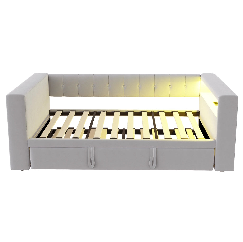 Divano letto multifunzionale 90/180x190 cm con LED, prese e vano contenitore, grigio chiaro