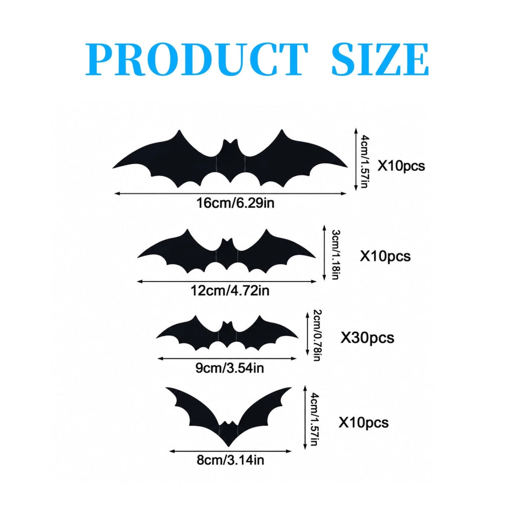 60 adesivi a forma di pipistrello 3D, decorazioni per Halloween, 4 dimensioni, colore nero