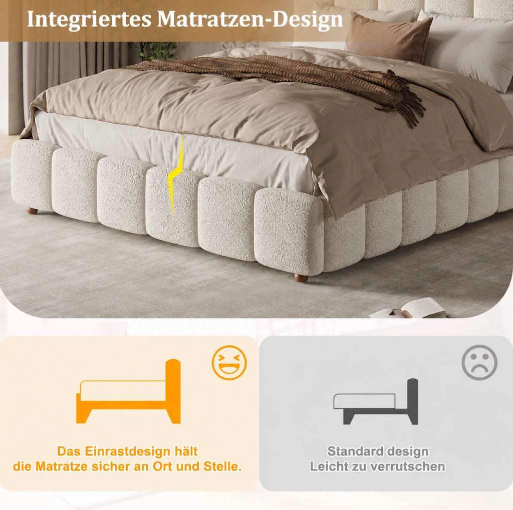 Letto imbottito 140 x 200 cm con contenitore in bouclé bianco