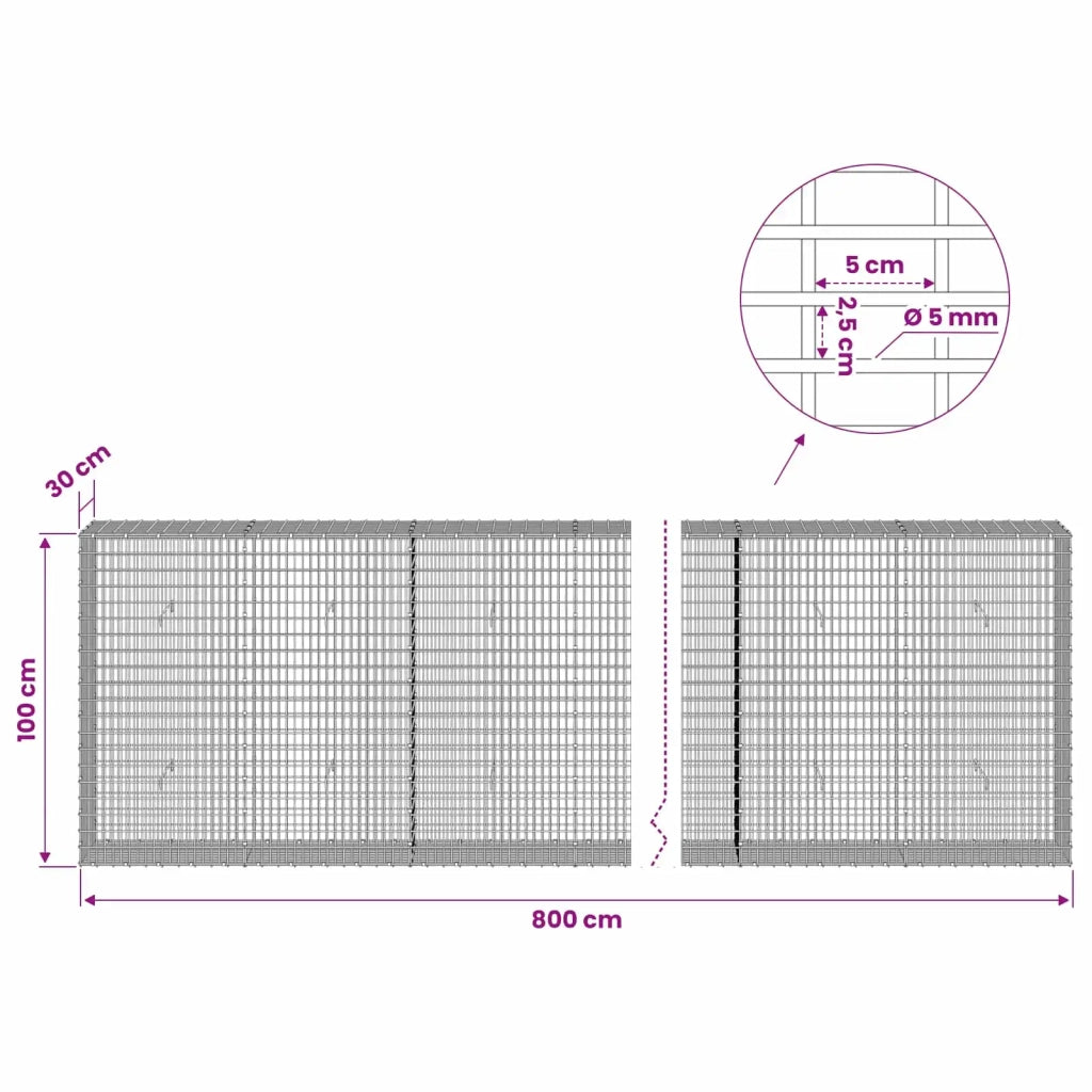 Gabione con Filo da 5 mm e Rete da 5x2,5 cm 800x30x100 cm 3463690