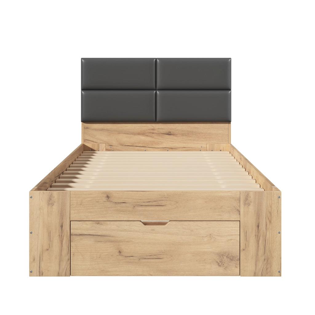 Letto singolo 90x200 cm con cassetti e comodini estraibili; in MDF color naturale per cameretta