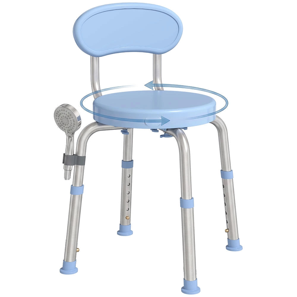 Sgabello da doccia girevole 360° con schienale e altezza regolabile 5 livelli sedile in alluminio blu