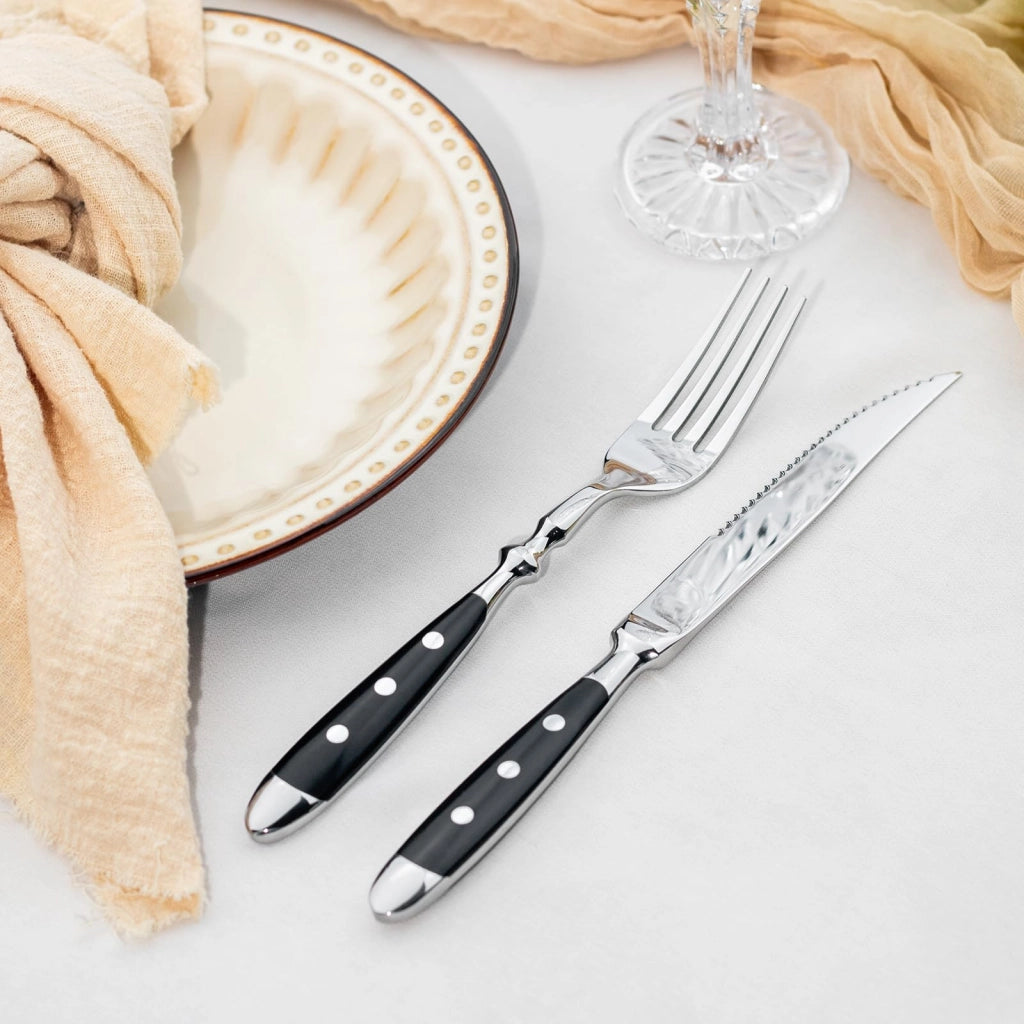 Set di coltelli da bistecca e forchette da dessert, 12 pezzi, in bachelite, colore nero