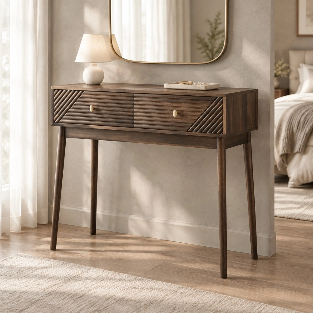 Consolle color noce con due cassetti e gambe in pino