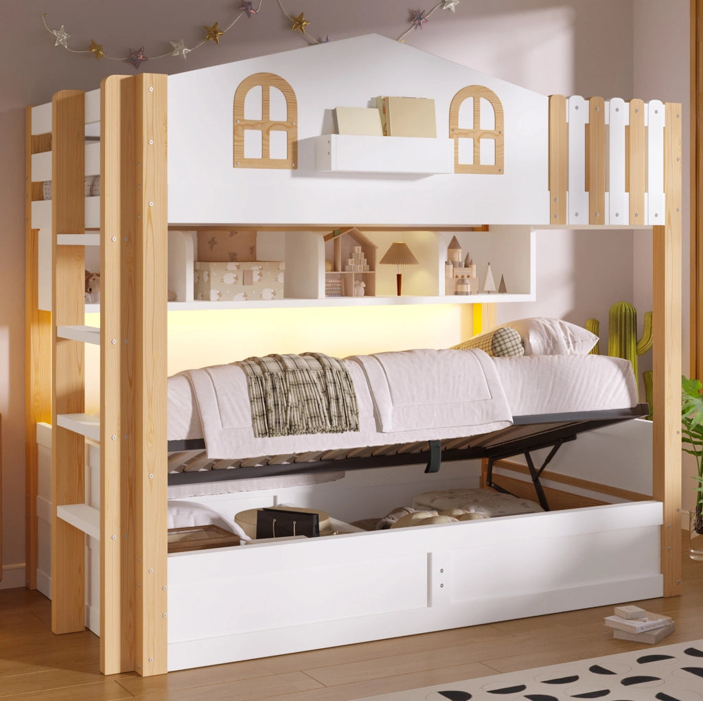 Letto a castello 90x200 cm stile casetta con contenitore idraulico; LED e scala reversibile