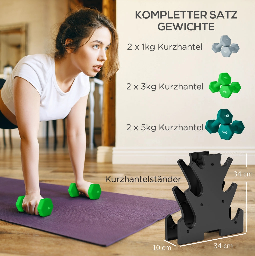 MANUBRI Set da 6 pezzi con supporto, 1/3/5 kg, metallo e plastica, multicolore