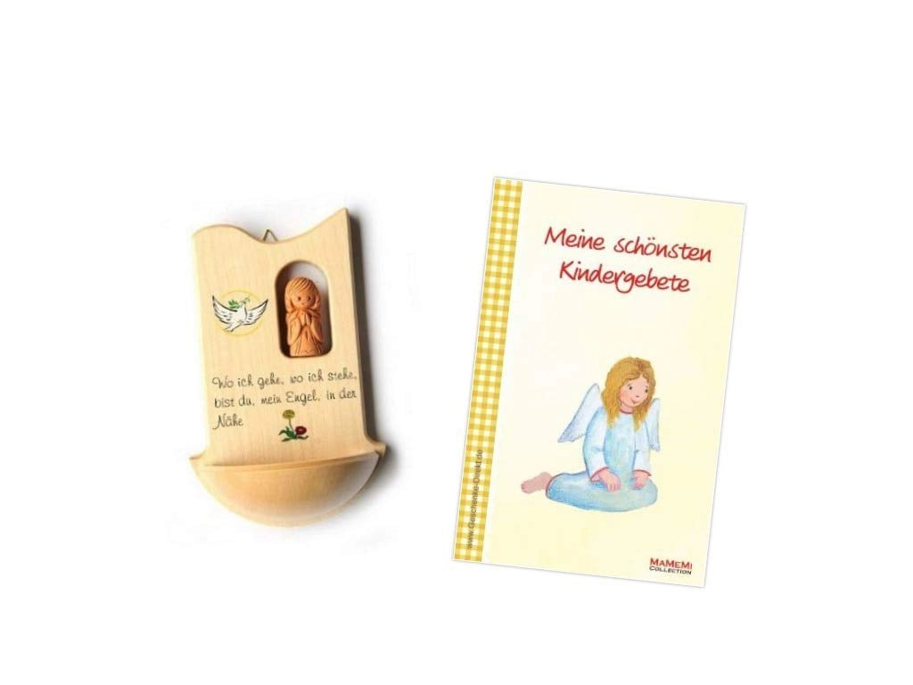 Bacino per l'acqua benedetta in legno, decorato con un angelo – regalo per il battesimo, comprensivo di libro di preghiere