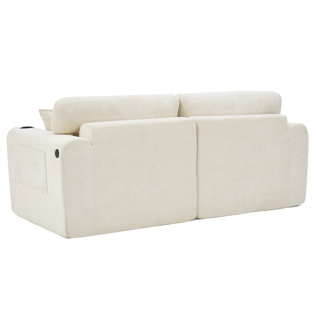 Divano relax 2 posti in ciniglia beige con ricarica USB e portabicchieri
