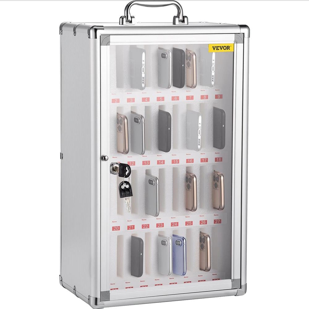 Armadietto Porta Cellulari 36 Slot SY606-36 in Lega di Alluminio Argento con Serratura a Chiave e Maniglia per Ufficio e Aula 32x20x51 cm