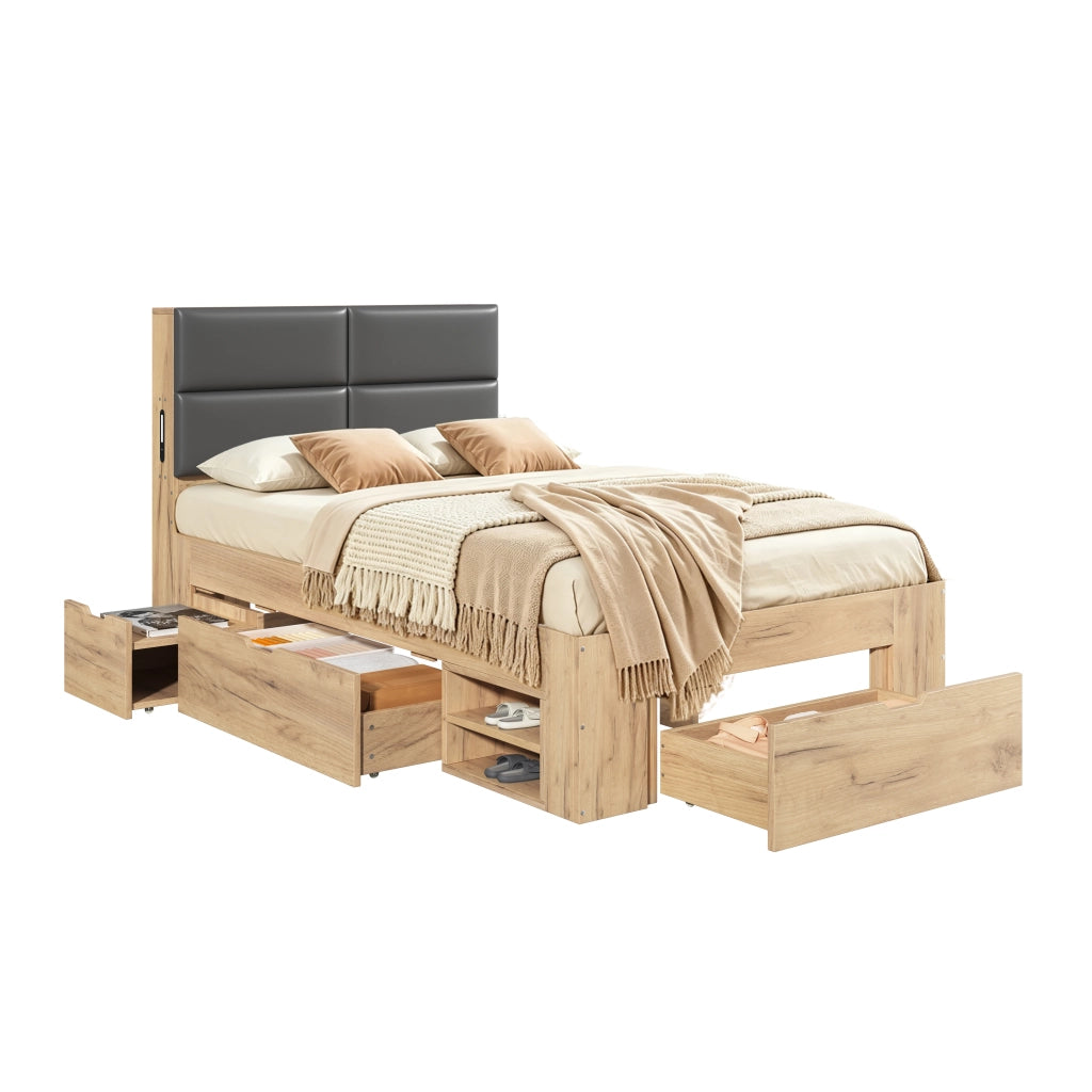 Letto singolo 90x200 cm con cassetti e comodini estraibili; in MDF color naturale per cameretta